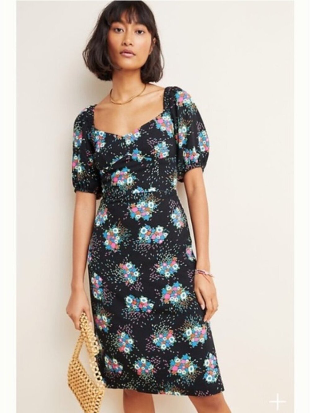 by Anthropologie Tabia Black Floral Puff Sleeve Dress 6 Cottagecore Goth